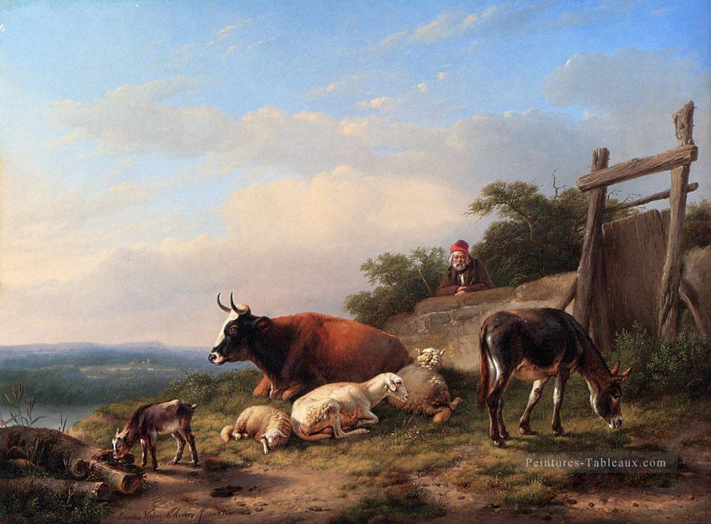 Un fermier prêtant ses animaux âne Eugène Verboeckhoven Peintures à l'huile